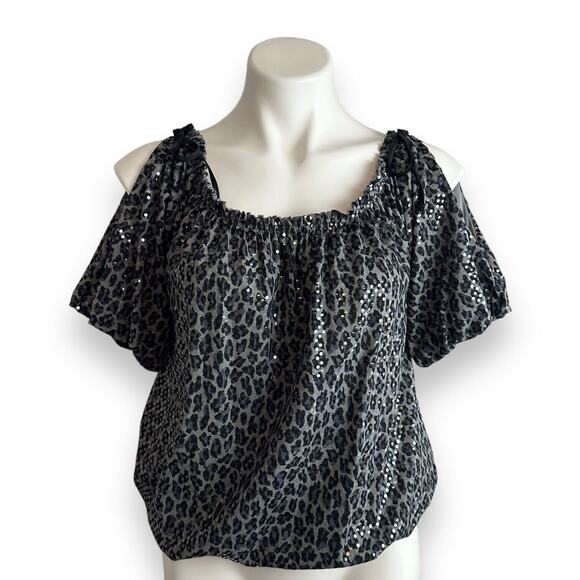 Express Top Sz M Animal Leopard Print Sequins Black Gray Mob Wife Y2K Glam Rock - Picture 2 of 13